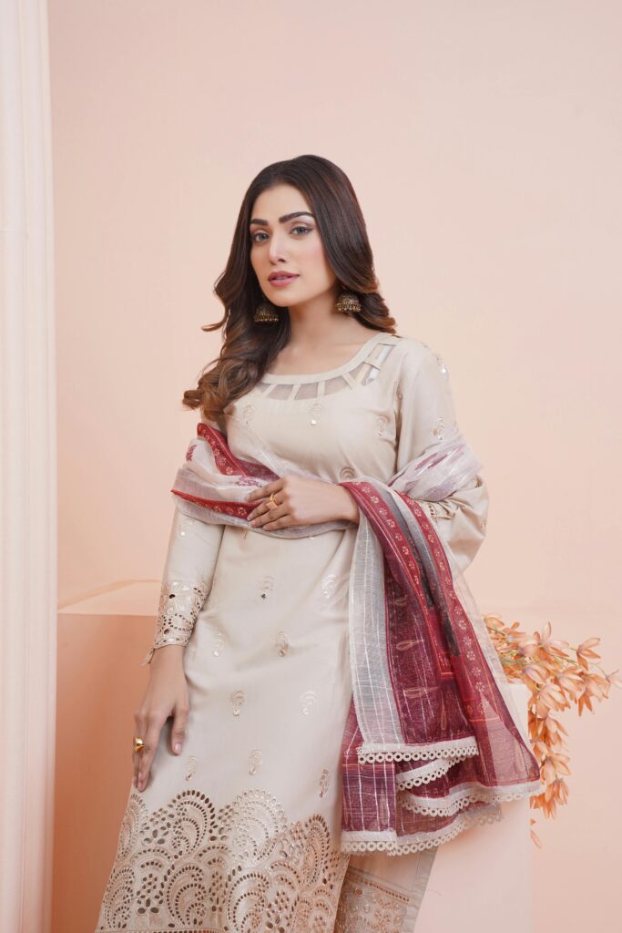 Portrait of an elegant woman in traditional Pakistani dress, exuding grace and fashion.